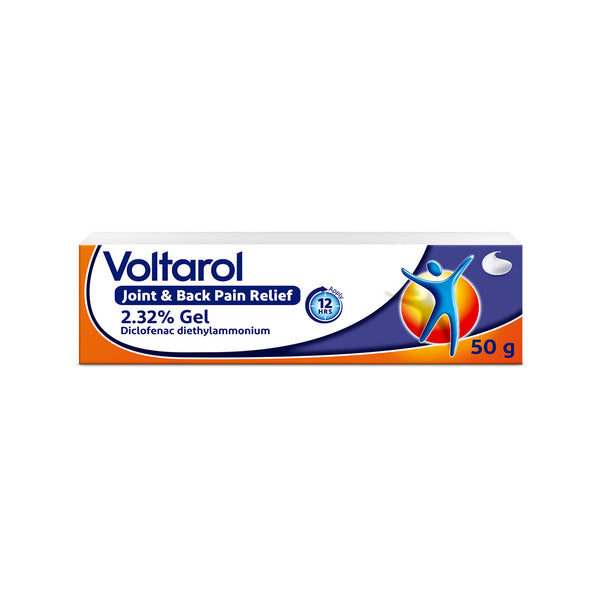 Voltarol Joint and Back Pain Relief Gel (50g) features a blue and orange design with a stylized figure logo. It contains diclofenac diethylammonium, an effective anti-inflammatory.