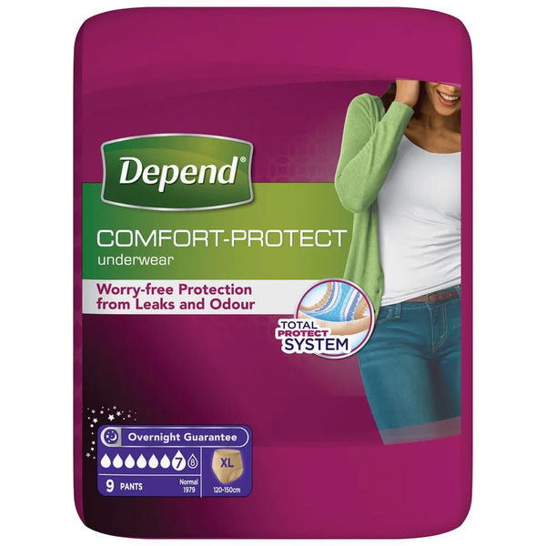 Depend Comfort Protect Underwear For Women, Level 7 XL (Pack of 9) offers discreet protection from leaks and odor, with overnight guarantee. Brand: Depend.