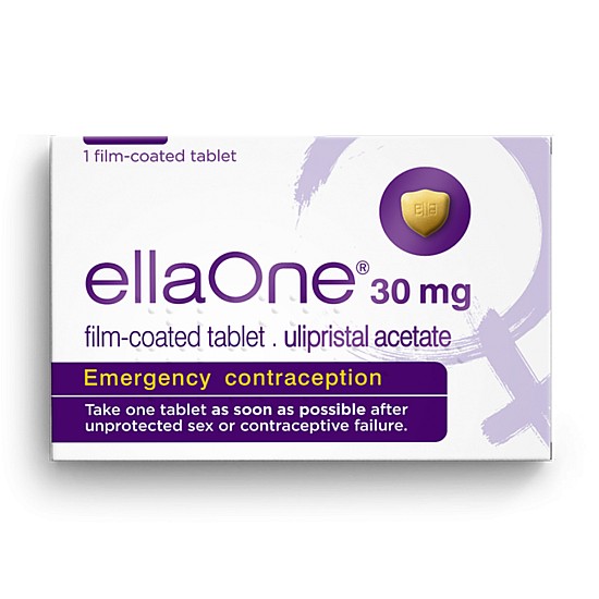 Ella One 30mg Film Coated Tablet (1) by Ella One contains ulipristal acetate and is used as emergency contraception after unprotected sex or contraceptive failure. Packaging includes usage instructions.