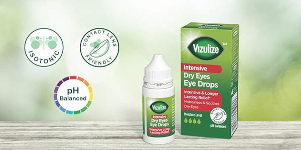 A box and a bottle of Vizulize Intensive Dry Eye Drops (10ml) rest on a wooden surface. This Vizulize product, featuring an isotonic formula, contact lens compatibility, and pH balance, offers intensive dry eye relief and long-lasting hydration.