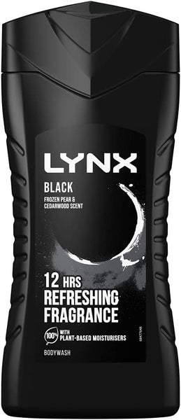 Experience Lynx Black Shower Gel (225ml) with refreshing Frozen Pear & Cedarwood scent for 12 hours of invigorating fragrance and 100% plant-based moisturizers. Perfect for male grooming, it features a distinctive half-circle pattern design on the bottle.