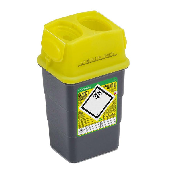 The Sharpsguard Sharpsafe Medical Sharps Bin Tub (1L) is a yellow and black container with biohazard symbol and warning labels, designed for safe disposal of needles and sharp medical instruments.