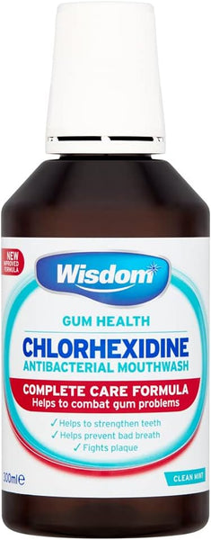 Wisdom Chlorhex Mint Alcohol-Free (300ml) mouthwash offers gum protection and plaque prevention, strengthens teeth, and freshens breath with its complete care formula.