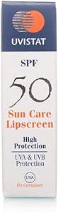 Uvistat Lipscreen SPF50 (5g) provides high sun protection for sensitive skin, featuring UVA/UVB defense compliant with EU standards. The blue and white package with an orange sun logo stands out.