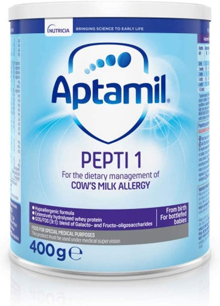 Aptamil Pepti 1 (400g) by Aptamil is a hypoallergenic, hydrolysed formula designed for managing cows milk allergy in infants. It comes in blue and white packaging with information on its essential medical purpose.