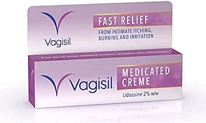 A box of Vagisil Medicated Cream (30g) is displayed, featuring 2% Lidocaine. The purple and pink packaging highlights fast relief from intimate itching, burning, and irritation, offering an effective anesthetic barrier for soothing comfort.