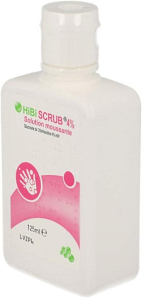 A 125ml bottle with a pink label reads Hibiscrub Solution 4%, featuring an image of a hand. This antiseptic skin cleanser, branded as Hibiscrub, contains chlorhexidine gluconate.