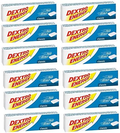 Image of 15 packs of Dextro Energy Tablets - Classic (24 pack), a fast-acting glucose supplement from Dextro Energy that boosts energy levels. The packs are arranged in a grid, alternating between red and yellow labels and blue and yellow labels, both marked classic.