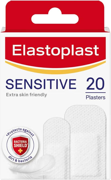 Elastoplast Sensitive Hypoallergenic Plasters (20) by Elastoplast feature extra skin-friendly, hypoallergenic protection with a Bacteria Shield against dirt and bacteria. The pack shows two plasters and a white feather.