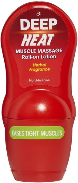 The Deep Heat Muscle Massage Roll-On Lotion (50g) features a soothing herbal fragrance in a red bottle. Labels read Non Medicinal and Eases Tight Muscles, providing effective heat therapy for relief seekers.