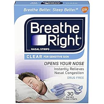 The Breathe Right Small N/Strip Nat S/M box, ideal for sensitive skin, features a sleeper with promises of nasal congestion relief. Phrases like Opens Your Nose, Instantly Relieves Nasal Congestion, Drug-Free Solution are highlighted, and the box includes 30 clear strips in small/medium size.