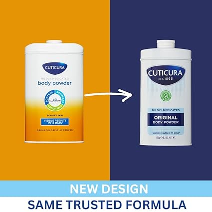 Two 150g Cuticura Talcum Powder containers: the left with a new orange and white design, the right in classic blue and white. A white arrow connects them, with text saying, New Design, Same Trusted Formula for skin irritation relief.