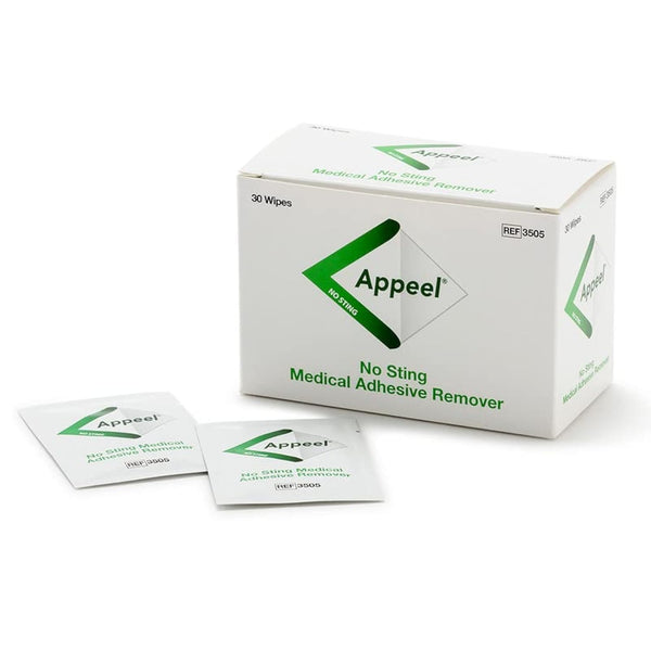 The box labeled Clinimed Medical Adhesive Remover Wipes by Apeel contains 30 wipes, designed for gentle removal of medical adhesives with a skin-friendly formula. The box is mainly white with green accents and displays two individual wipe packets.