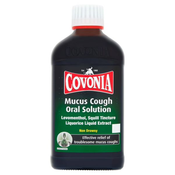 Covonia Mucus Cough Oral Solution (300ml) offers non-drowsy relief for mucus and chesty coughs with levomenthol, squill tincture, and liquorice liquid extract.