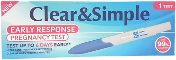 Clear and Simple 6 Days Early Pregnancy Test (1 Stick) by Clear and Simple detects hCG for over 99% accuracy up to 6 days before your period, offering ultra-sensitive early results with a clear test stick.