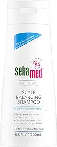 Sebamed Seba Med Shampoo 200ml features Piroctone Olamine for dandruff control, pH 5.5, branded as science for healthy skin, with a blue ribbon on the top right corner, ideal for oily hair and dry scalp.