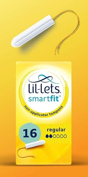 A box of Lil-Lets Non-applicator Regular Smartfit Tampons (10 count) is shown against a yellow background, highlighting their comfort and three out of five droplet absorbency for light to medium flow. A single tampon is featured above the box.