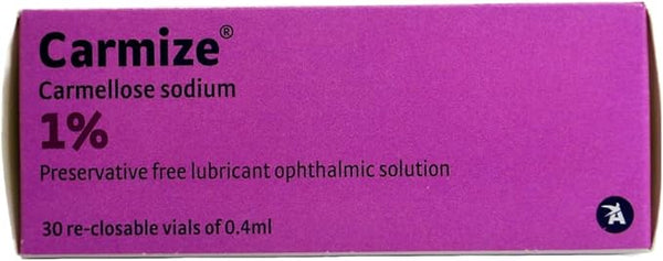 The Carmize box holds preservative-free 1% Carmellose Sodium Eye Drops, providing relief for dry, sensitive eyes. It includes 30 re-closable vials of 0.4 ml each for comfort and convenience.