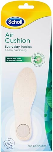 The Scholl Air Cushion Everyday Insoles packaging features an insole image, highlighting Everyday Insoles and All day cushioning, along with an icon indicating Airflow latex breathable foam for breathable, non-slip comfort all day.