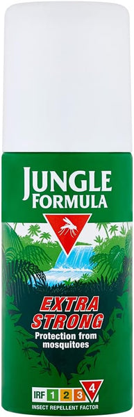 The Jungle Formula Aerosol Extra (90ml) features a green label with tropical foliage and a waterfall design. It offers an insect repellent factor of 4, providing extra strong, long-lasting protection against mosquitoes, making it perfect for outdoor adventures.