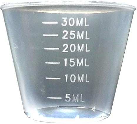 The Generic Plastic Reusable Guided Measuring Cup Tablet Containers (30ml), marked with precise white lines at 5, 10, 15, 20, 25, and 30ml, are perfect for pharmaceutical storage; fill the cup to the bottom of the 5ml mark for accurate measurement.