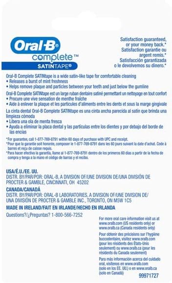 The image shows the back packaging of Oral-B Satin Tape dental floss, emphasizing its mint freshness with a description, satisfaction guarantee, and contact info in English, French, and Spanish on a white backdrop featuring blue text and graphics.