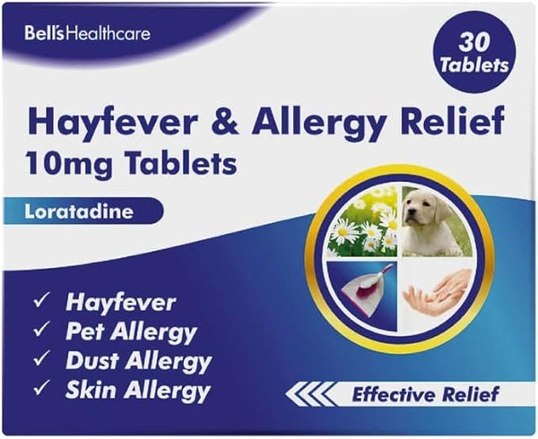 Bells Cetirizine Hydrochloride 30 Tabs (10mg) offers effective antihistamine relief for hayfever, pet, dust, and skin allergies. The box showcases images of flowers, a puppy, a sneezing person, and a hand.