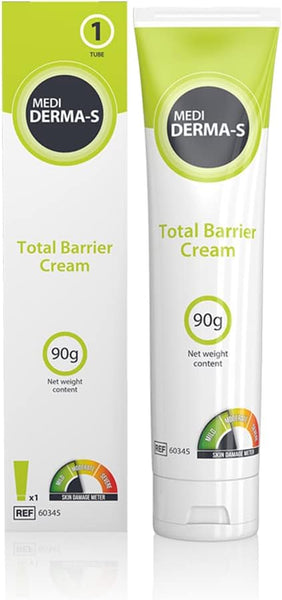 The Medi Derma S Barrier Cream (90g) from the brand Medi features soothing green and white packaging with a skin damage meter graphic. It provides reliable skin protection, ideal for sensitive skin.