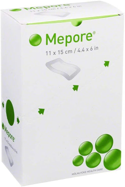 The image shows a box of Mepore 11cm x 15cm dressings, ideal for wound healing. The design has green circles and arrows on a white background with the Mepore brand prominently displayed. These sterile self-adhesive dressings offer optimal protection.