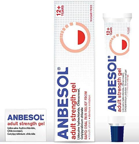 Anbesol Adult Strength Gel (10g) features Anbesol in blue on its packaging and tube, with a red-orange circle design. Suitable for ages 12+, this sugar-free product provides fast relief from oral pain, soothing mouth ulcers and denture irritation.