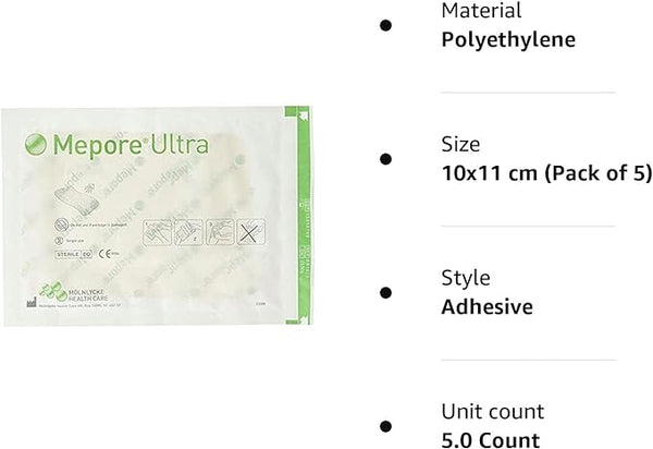 The Mepore Ultra (10x11) by Molnlycke is a self-adhesive dressing, crafted from polyethylene, available in packs of 5. It offers excellent absorbency and measures 10x11 cm per unit.