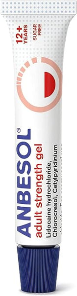 Anbesol Adult Strength Gel (10g) offers oral pain relief for ages 12+, targeting mouth ulcers and denture irritation. Sugar-free, it contains lidocaine hydrochloride, chlorocresol, and cetylpyridinium. The red and blue label with a dark blue cap enhances its design.