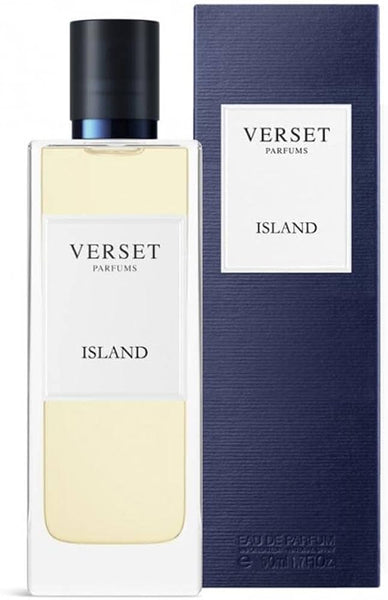 A 50 ml Verset Island perfume bottle with a black cap and minimalist white label stands next to its navy blue box, displaying the Verset brand and fragrance name.