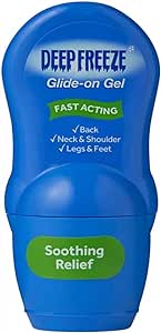 A blue bottle of Deep Freeze Glide-on Gel (50G) labeled Soothing Relief offers fast-acting cooling therapy for back, neck, shoulders, legs, and feet to provide instant muscle relief.