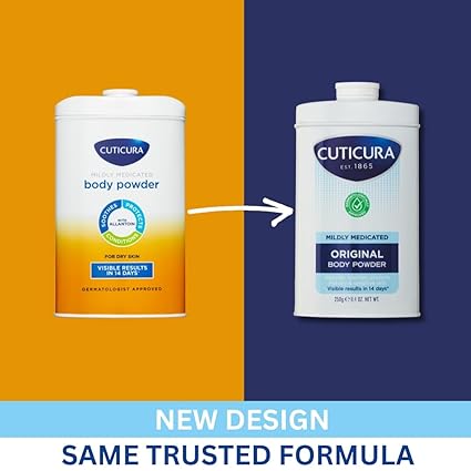 The image features two tins of Cuticura Talcum Powder 2 (250g) by Cuticura. The left tin has an orange label, and the right one a white label. An arrow shows a design update with the text New Design, Same Trusted Formula, ideal for eczema-prone skin with mildly medicated talcum powder.