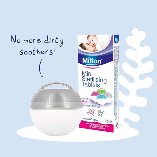 Displayed next to a round, grey and white Milton steriliser, the Milton Mini Sterilising (50 Tablets) packaging boasts No more dirty soothers! on a light blue background with a leaf pattern, ideal for sterilizing baby soothers and supporting immune system protection.