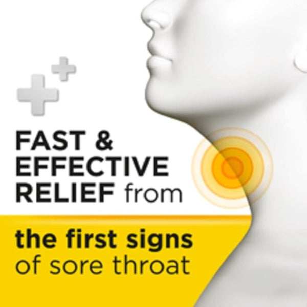 A white, undefined models neck with an orange target and plus signs highlights Fast & effective sore throat relief from the first signs. Strepsils Lozenges for Sore Throat & Blocked Nose offer quick comfort and soothing support on a yellow and white backdrop.