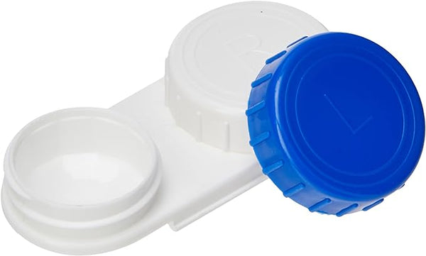 The contact lens case has a white R compartment and a blue L compartment linked by a white strip. Its perfect for use with Vizulize All in One Superior cleaning solution, keeping your lenses safe and clean.