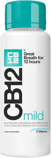 CB12 Mild Mint Mouthwash (250ml) by CB12 features a white bottle with a turquoise cap, offering long-lasting protection. It promises Great Breath for 12 hours by neutralizing bad breath causes and boasts a mild mint/menthol flavor for fresh breath, crafted by Mylan.