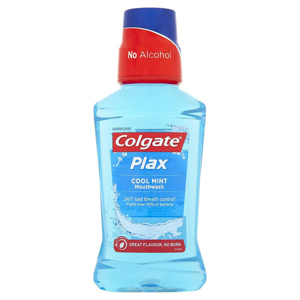 The Colgate Plax Cool Mint Mouthwash (250 ml) comes in a blue bottle with a red cap, showcasing a No Alcohol label. It provides plaque protection and 24/7 bad breath control with a refreshing flavor and no burn for truly fresh breath.