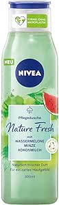 A 300ml bottle of Nivea Watermelon Fresh Blends Refreshing Shower Gel with a green design, blue cap, and label displaying watermelon and mint. The vegan formula includes watermelon, mint, and coconut in its natural ingredients, highlighted in German text.