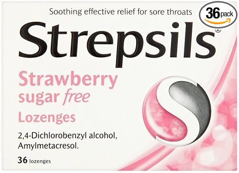 Image of Strepsils Strawberry Sugar-Free Lozenges (36), soothing sore throats with 2,4-Dichlorobenzyl alcohol and Amylmetacresol.