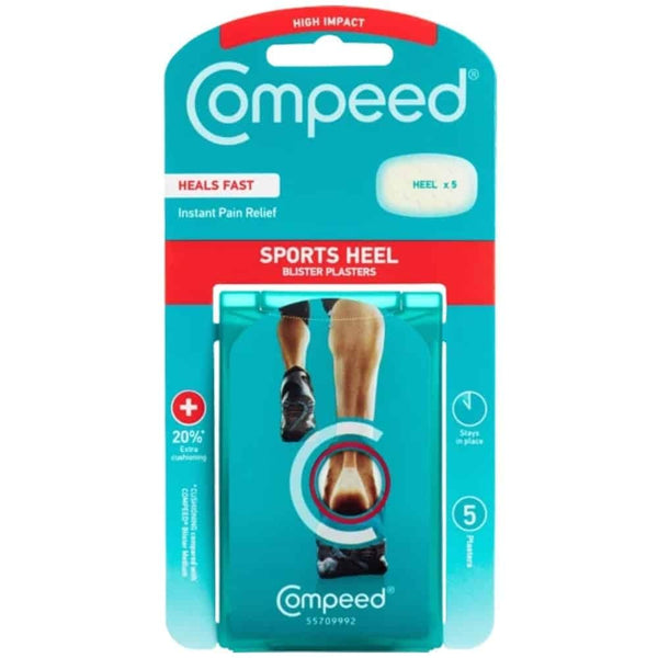 The Compeed Extreme Medium 5 Blister Plasters package, in turquoise, features a runner cutout and text Heals Fast, offering instant pain relief from foot blisters. A circular image emphasizes heel protection.