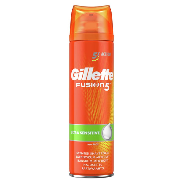 The Gillette Fusion5 Ultra Sensitive Shaving Foam (250 ML), in a vibrant orange can, features a droplet symbol and 5x Action with Aloe. Designed for sensitive skin, its multilingual label enhances global appeal and understanding.