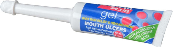 The Aloclair Plus Mouth Ulcer Gel (8ml) by Aloclair offers fast pain relief and healing for oral care, featuring aloe vera and hyaluronic acid. The white packaging includes red and blue accents with green text at one end.