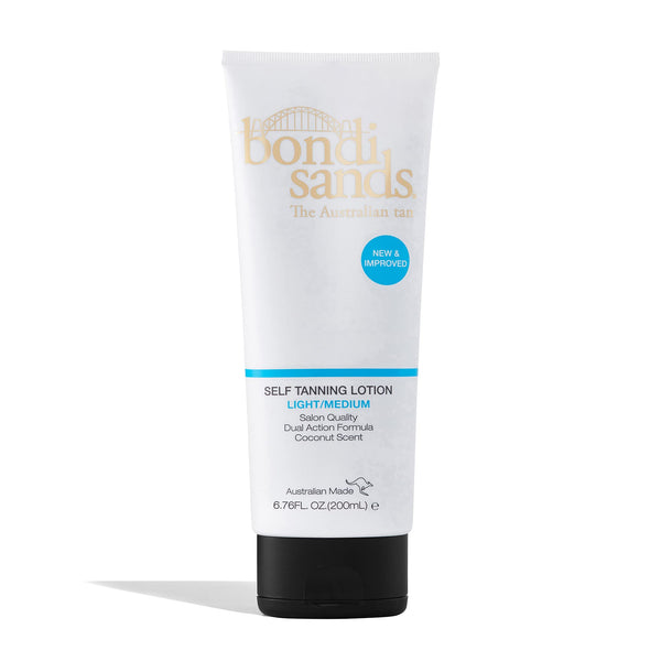 Bondi Sands Self Tanning Lotion Light/Medium (200ml) is a white tube with a black cap, blue stripe, and gold and blue text. This hydrating formula delivers a natural-looking tan.