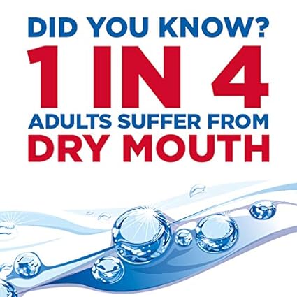 Text reading DID YOU KNOW? 1 IN 4 ADULTS SUFFER FROM DRY MOUTH over a background featuring a blue wave and water droplets, hinting at the refreshing qualities of Biotene Dry Mouth Oral Rinse Mouthwash (500 ml).