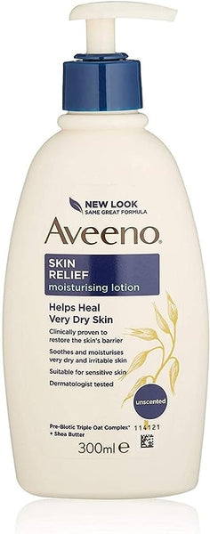 Aveeno Skin Relief Moisturizing Lotion with Shea Butter (300ml) features an unscented formula ideal for sensitive skin and includes the pre-biotic Triple Oat Complex.