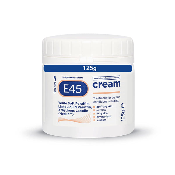 A 125g tub of E45 Cream is effective for eczema and dry skin conditions like sunburn, featuring white soft paraffin and lanolin. The packaging highlights it as a New Sunburn Treatment.