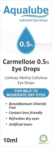 The image shows Aqualube Bottle 0.5% (10ml) by Ajanta Pharma with Carmellose 0.5% Eye Drops, highlighted features are Benzalkonium Chloride Free and Contact lens friendly, offering targeted hydration for mild to moderate dry, irritated eyes.